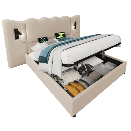 Cama para arrumação de roupa de cama 160x200 cm - com luz de leitura e função de carregamento - com estrado de ripas - Bege Cama para arrumação de roupa de cama 160x200 cm - com luz de leitura e função de carregamento - com estrado de ripas - Bege