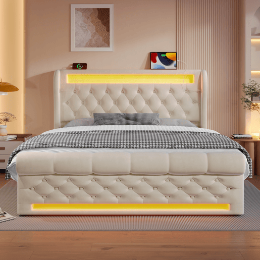 Cama estofada de casal 140x200cm - com LED, cabeceira com arrumação, portas USB e Tipo-C, cama hidráulica - Cinza Cama estofada de casal 140x200cm - com LED, cabeceira com arrumação, portas USB e Tipo-C, cama hidráulica - Cinza