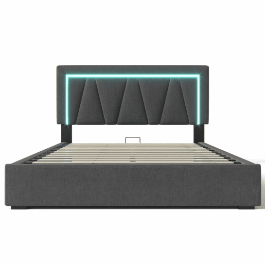 Cama contentora estofada 140x200cm com LED e porta de carregamento USB e Tipo C - Tecido de linho - Estrado de ripas - Cinzento Cama contentora estofada 140x200cm com LED e porta de carregamento USB e Tipo C - Tecido de linho - Estrado de ripas - Cinzento