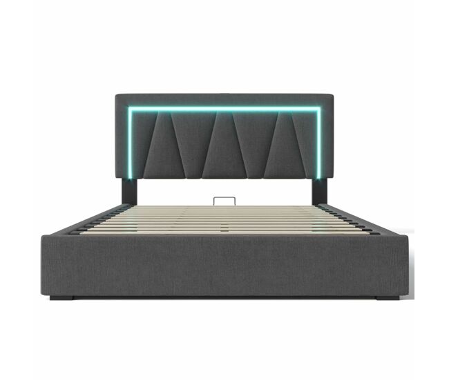 Cama contenedor tapizada 140x200cm con led y puerto de carga usb y tipo c - tela de lino - somier de láminas - gris