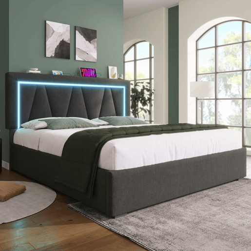 Cama contentora estofada 140x200cm com LED e porta de carregamento USB e Tipo C - Tecido de linho - Estrado de ripas - Cinzento Cama contentora estofada 140x200cm com LED e porta de carregamento USB e Tipo C - Tecido de linho - Estrado de ripas - Cinzento