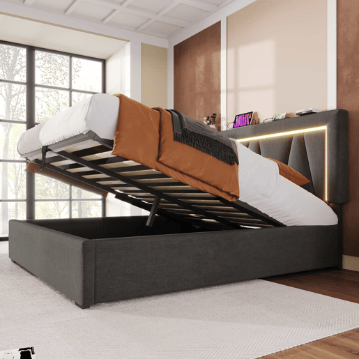 Cama contentora estofada 140x200cm com LED e porta de carregamento USB e Tipo C - Tecido de linho - Estrado de ripas - Cinzento Cama contentora estofada 140x200cm com LED e porta de carregamento USB e Tipo C - Tecido de linho - Estrado de ripas - Cinzento