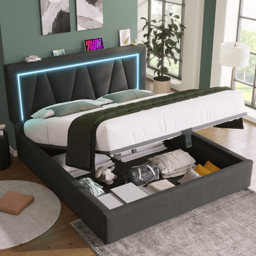 Cama contentora estofada 140x200cm com LED e porta de carregamento USB e Tipo C - Tecido de linho - Estrado de ripas - Cinzento Cama contentora estofada 140x200cm com LED e porta de carregamento USB e Tipo C - Tecido de linho - Estrado de ripas - Cinzento