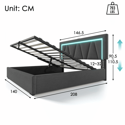 Cama contentora estofada 140x200cm com LED e porta de carregamento USB e Tipo C - Tecido de linho - Estrado de ripas - Cinzento Cama contentora estofada 140x200cm com LED e porta de carregamento USB e Tipo C - Tecido de linho - Estrado de ripas - Cinzento