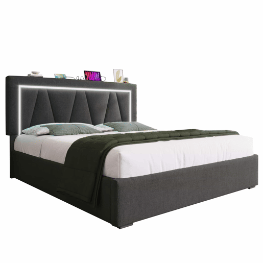 Cama contentora estofada 140x200cm com LED e porta de carregamento USB e Tipo C - Tecido de linho - Estrado de ripas - Cinzento Cama contentora estofada 140x200cm com LED e porta de carregamento USB e Tipo C - Tecido de linho - Estrado de ripas - Cinzento