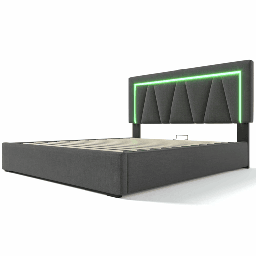 Cama contentora estofada 140x200cm com LED e porta de carregamento USB e Tipo C - Tecido de linho - Estrado de ripas - Cinzento Cama contentora estofada 140x200cm com LED e porta de carregamento USB e Tipo C - Tecido de linho - Estrado de ripas - Cinzento