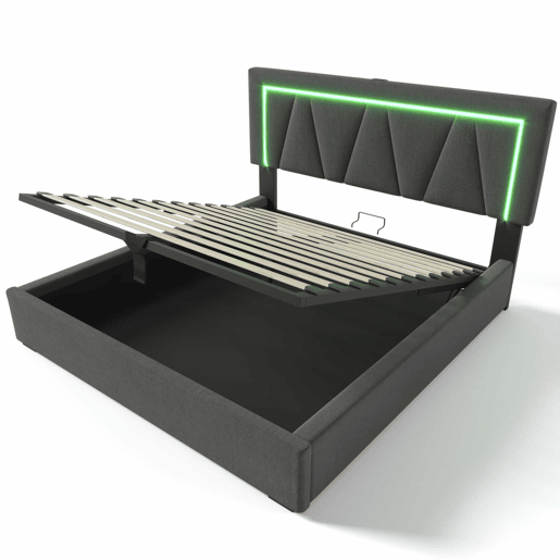 Cama contentora estofada 140x200cm com LED e porta de carregamento USB e Tipo C - Tecido de linho - Estrado de ripas - Cinzento Cama contentora estofada 140x200cm com LED e porta de carregamento USB e Tipo C - Tecido de linho - Estrado de ripas - Cinzento