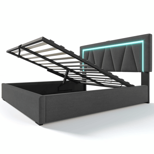 Cama contentora estofada 140x200cm com LED e porta de carregamento USB e Tipo C - Tecido de linho - Estrado de ripas - Cinzento Cama contentora estofada 140x200cm com LED e porta de carregamento USB e Tipo C - Tecido de linho - Estrado de ripas - Cinzento