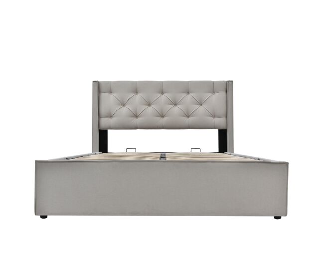 Cama con almacenaje acolchada 140x200 cm en tejido de algodón - con somier de láminas - gris claro