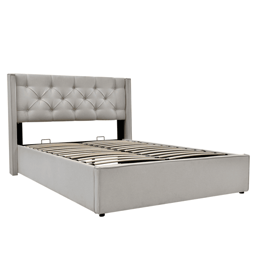 Cama com arrumação estofada 140x200 cm em tecido de algodão - com estrado de ripas - Cinzento claro Cama com arrumação estofada 140x200 cm em tecido de algodão - com estrado de ripas - Cinzento claro