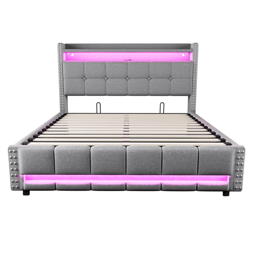 Cama estofada 160*200 - Com LED e USB, cabeceira com prateleiras e arrumação, hidráulica para arrumação - Cinza claro