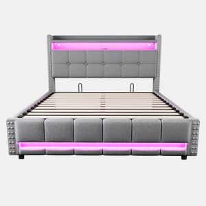 Cama estofada 160*200 - Com LED e USB, cabeceira com prateleiras e arrumação, hidráulica para arrumação - Cinza claro
