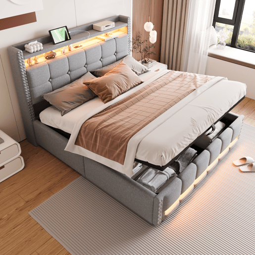 Cama estofada 160*200 - Com LED e USB, cabeceira com prateleiras e arrumação, hidráulica para arrumação - Cinza claro