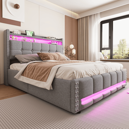 Cama estofada 160*200 - Com LED e USB, cabeceira com prateleiras e arrumação, hidráulica para arrumação - Cinza claro