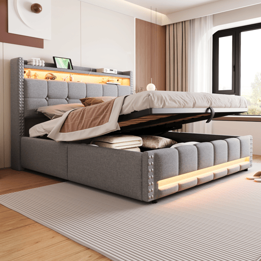 Cama estofada 160*200 - Com LED e USB, cabeceira com prateleiras e arrumação, hidráulica para arrumação - Cinza claro