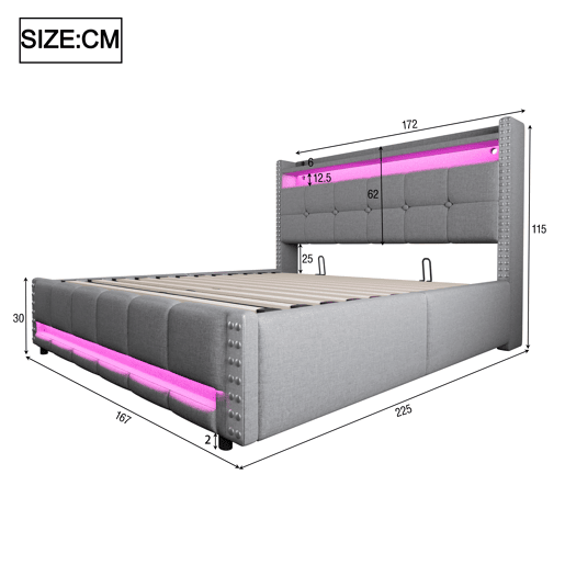 Cama estofada 160*200 - Com LED e USB, cabeceira com prateleiras e arrumação, hidráulica para arrumação - Cinza claro