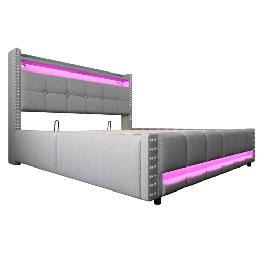 Cama estofada 160*200 - Com LED e USB, cabeceira com prateleiras e arrumação, hidráulica para arrumação - Cinza claro