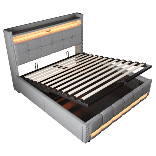 Cama estofada 160*200 - Com LED e USB, cabeceira com prateleiras e arrumação, hidráulica para arrumação - Cinza claro
