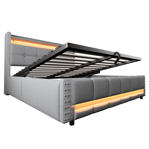Cama estofada 160*200 - Com LED e USB, cabeceira com prateleiras e arrumação, hidráulica para arrumação - Cinza claro