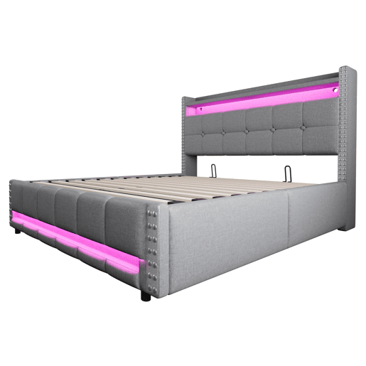 Cama estofada 160*200 - Com LED e USB, cabeceira com prateleiras e arrumação, hidráulica para arrumação - Cinza claro
