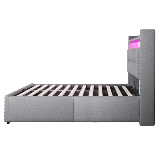 Cama estofada 160*200 - Com LED e USB, cabeceira com prateleiras e arrumação, hidráulica para arrumação - Cinza claro