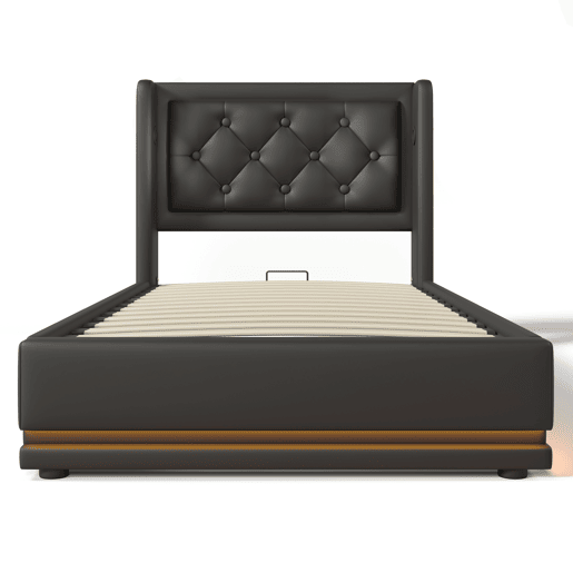 Sofá-cama estofado de 90 x 200 cm em imitação de pele - com função de carregamento e LED ao pé da cama - Preto
