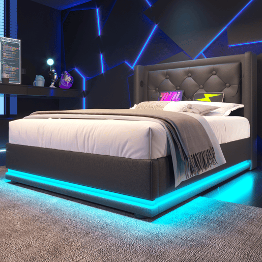 Sofá-cama estofado de 90 x 200 cm em imitação de pele - com função de carregamento e LED ao pé da cama - Preto