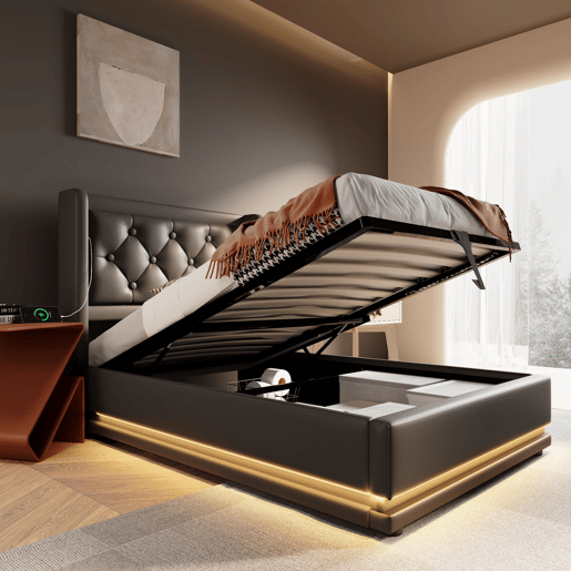 Sofá-cama estofado de 90 x 200 cm em imitação de pele - com função de carregamento e LED ao pé da cama - Preto
