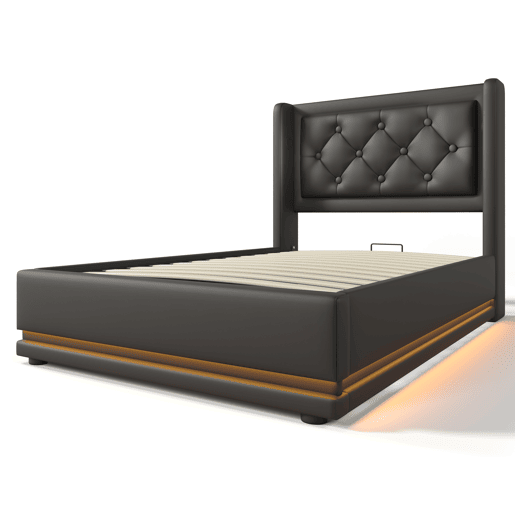 Sofá-cama estofado de 90 x 200 cm em imitação de pele - com função de carregamento e LED ao pé da cama - Preto