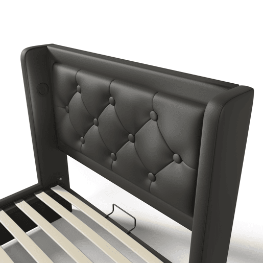 Sofá-cama estofado de 90 x 200 cm em imitação de pele - com função de carregamento e LED ao pé da cama - Preto