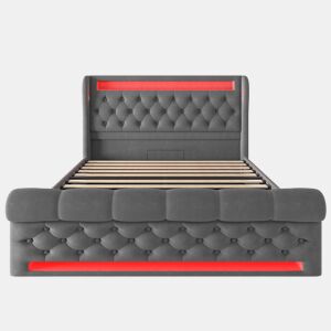 Cama estofada 160x200cm - Cama com LED, cabeceira com arrumação e portas USB e Tipo-C, cama hidráulica - Cinza