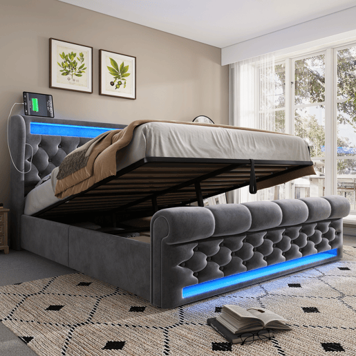 Cama estofada 160x200cm - Cama com LED, cabeceira com arrumação e portas USB e Tipo-C, cama hidráulica - Cinza