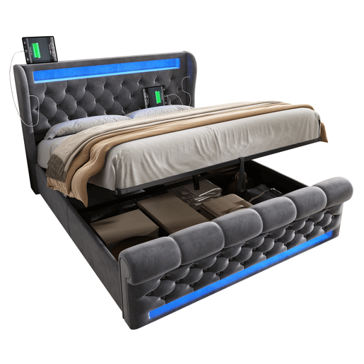 Cama estofada 160x200cm - Cama com LED, cabeceira com arrumação e portas USB e Tipo-C, cama hidráulica - Cinza