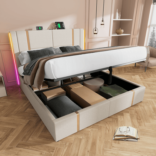 Cama com gavetão 180x200 cm estofada em tecido de linho - com LED e função de carregamento - com estrado de ripas - Bege