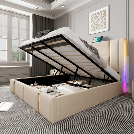 Cama com gavetão 180x200 cm estofada em tecido de linho - com LED e função de carregamento - com estrado de ripas - Bege