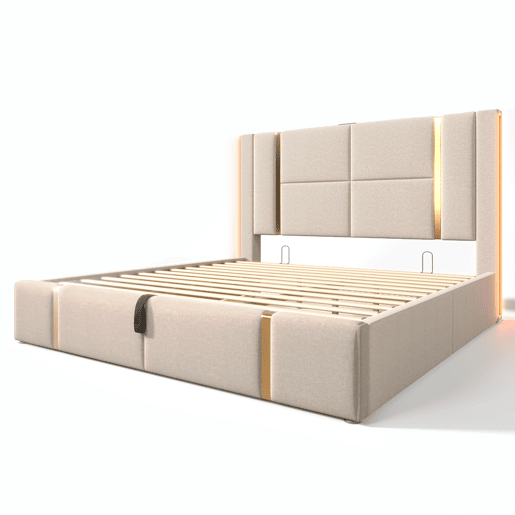 Cama com gavetão 180x200 cm estofada em tecido de linho - com LED e função de carregamento - com estrado de ripas - Bege