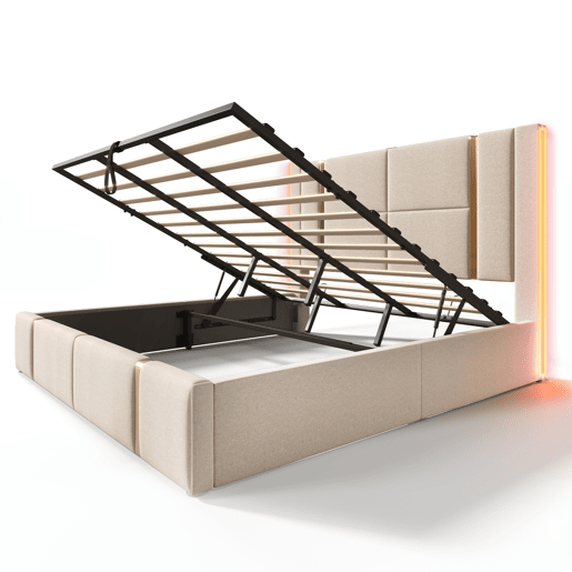 Cama com gavetão 180x200 cm estofada em tecido de linho - com LED e função de carregamento - com estrado de ripas - Bege