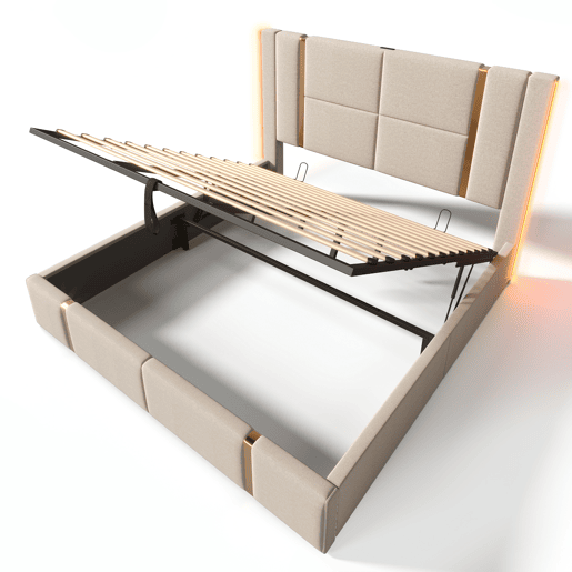 Cama com gavetão 180x200 cm estofada em tecido de linho - com LED e função de carregamento - com estrado de ripas - Bege