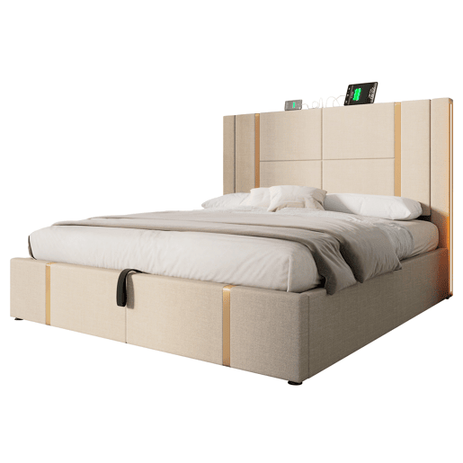 Cama com gavetão 180x200 cm estofada em tecido de linho - com LED e função de carregamento - com estrado de ripas - Bege