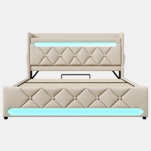 Cama de casal 180x200 - Com arrumação na cabeceira, portas USB e Tipo C, função LED 360° - Bege