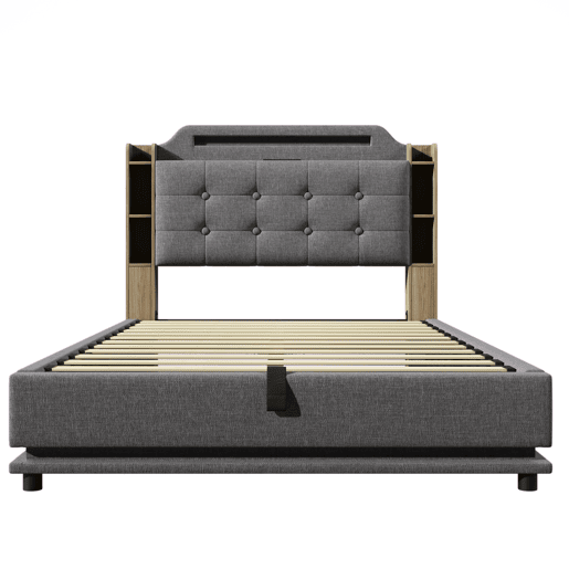 Cama estofada 140*200 cm - Com faixa LED, armazenamento hidráulico, vários compartimentos, sem colchão, USB + TYPE-C, linho - Cinza Cama estofada 140*200 cm - Com faixa LED, armazenamento hidráulico, vários compartimentos, sem colchão, USB + TYPE-C, linho - Cinza