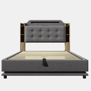 Cama estofada 140*200 cm - Com faixa LED, armazenamento hidráulico, vários compartimentos, sem colchão, USB + TYPE-C, linho - Cinza