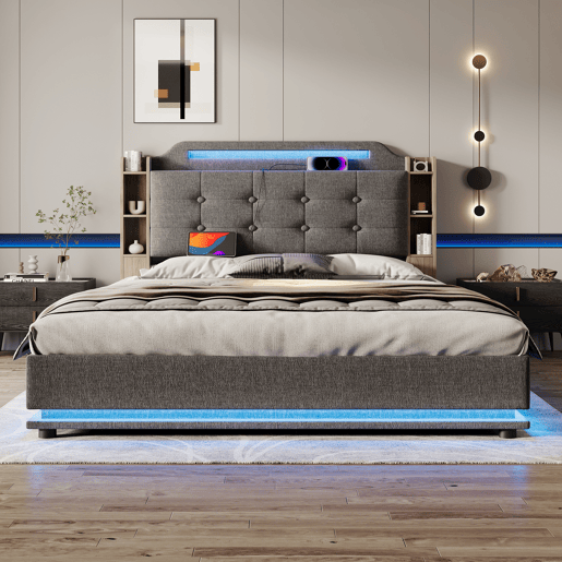 Cama estofada 140*200 cm - Com faixa LED, armazenamento hidráulico, vários compartimentos, sem colchão, USB + TYPE-C, linho - Cinza Cama estofada 140*200 cm - Com faixa LED, armazenamento hidráulico, vários compartimentos, sem colchão, USB + TYPE-C, linho - Cinza