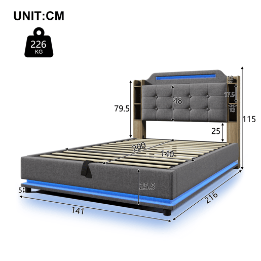 Cama estofada 140*200 cm - Com faixa LED, armazenamento hidráulico, vários compartimentos, sem colchão, USB + TYPE-C, linho - Cinza Cama estofada 140*200 cm - Com faixa LED, armazenamento hidráulico, vários compartimentos, sem colchão, USB + TYPE-C, linho - Cinza