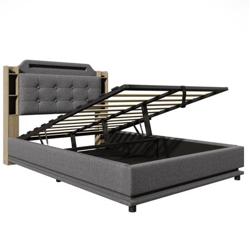 Cama estofada 140*200 cm - Com faixa LED, armazenamento hidráulico, vários compartimentos, sem colchão, USB + TYPE-C, linho - Cinza Cama estofada 140*200 cm - Com faixa LED, armazenamento hidráulico, vários compartimentos, sem colchão, USB + TYPE-C, linho - Cinza