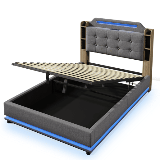Cama estofada 140*200 cm - Com faixa LED, armazenamento hidráulico, vários compartimentos, sem colchão, USB + TYPE-C, linho - Cinza Cama estofada 140*200 cm - Com faixa LED, armazenamento hidráulico, vários compartimentos, sem colchão, USB + TYPE-C, linho - Cinza
