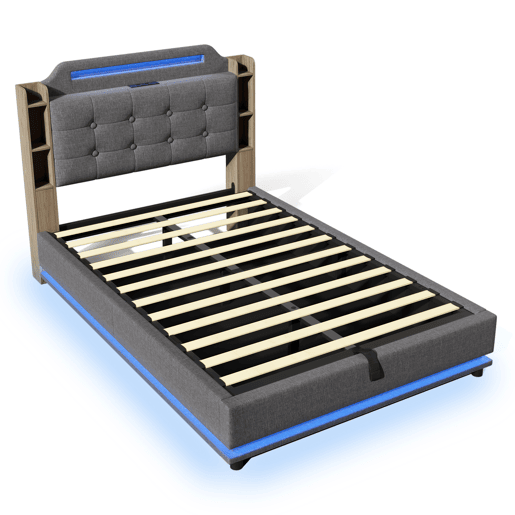 Cama estofada 140*200 cm - Com faixa LED, armazenamento hidráulico, vários compartimentos, sem colchão, USB + TYPE-C, linho - Cinza Cama estofada 140*200 cm - Com faixa LED, armazenamento hidráulico, vários compartimentos, sem colchão, USB + TYPE-C, linho - Cinza