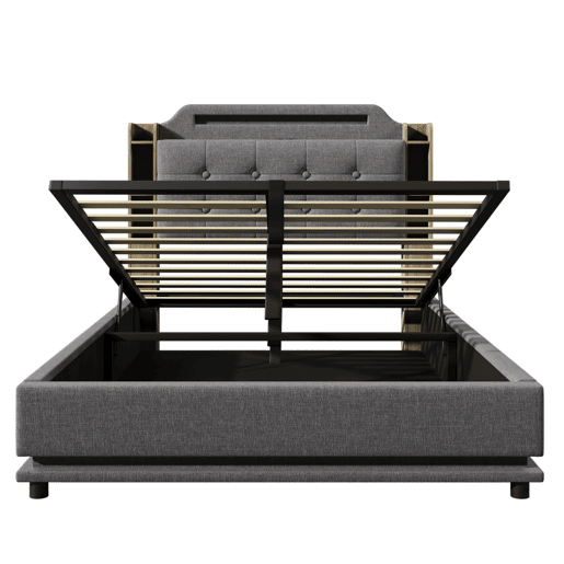 Cama estofada 140*200 cm - Com faixa LED, armazenamento hidráulico, vários compartimentos, sem colchão, USB + TYPE-C, linho - Cinza Cama estofada 140*200 cm - Com faixa LED, armazenamento hidráulico, vários compartimentos, sem colchão, USB + TYPE-C, linho - Cinza