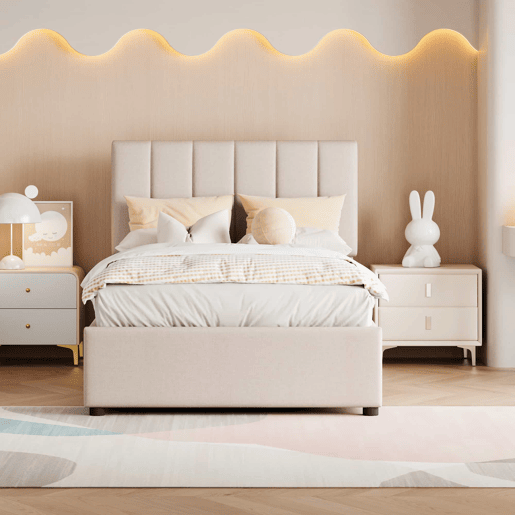 Cama estofada em linho com arrumação - 90x200 cm - Bege Cama estofada em linho com arrumação - 90x200 cm - Bege