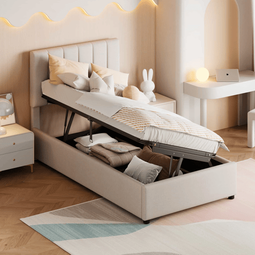 Cama estofada em linho com arrumação - 90x200 cm - Bege Cama estofada em linho com arrumação - 90x200 cm - Bege